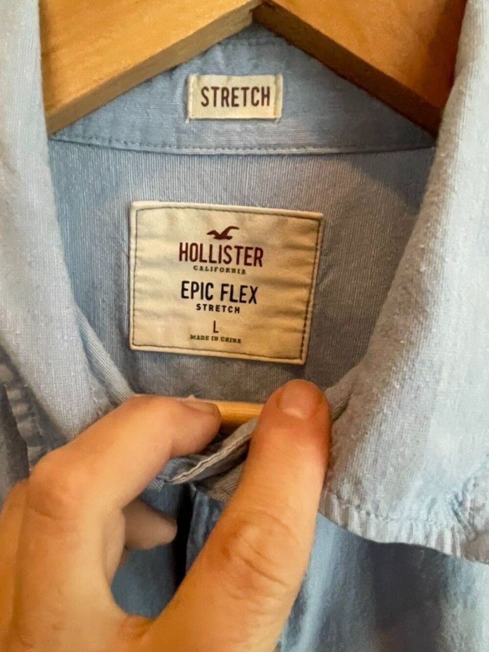 Hollister Mens Shirt Large Epic Flex Blue Chambray Logo Button Up Stretch